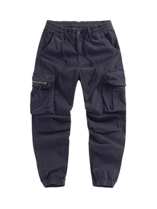 Men's dark grey cargo joggers with elastic drawstring waist and side zip pocket