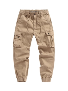 Men's khaki cargo joggers with drawstring waist and multiple large utility pockets