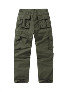 Men's outdoor army green cargo pants with multiple utility pockets in a flat lay view