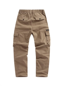 Back view of men's khaki cargo pants featuring elastic waist and multiple pockets