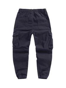 Men's multi-pocket cargo pants in dark blue featuring an elastic cuff and casual fit