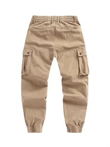 Men's khaki multi-pocket cargo pants with elastic cuffs and tapered leg back view