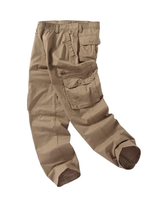 Men's khaki outdoor cargo pants with multi-pockets in durable cotton twill fabric