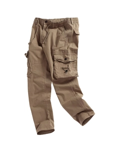 Durable khaki cargo pants for men featuring multiple utility pockets and elastic drawstring waist