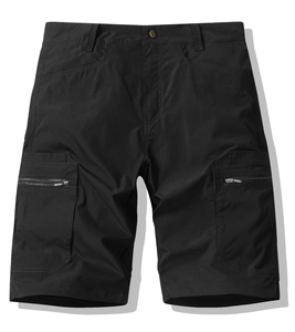 Detailed view of black cargo shorts with metal button closure and side zipper pockets
