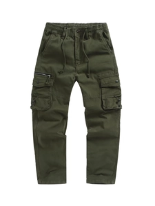 Men's olive green cargo pants with multi-pockets, elastic drawstring waist and durable fabric