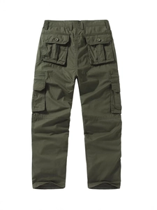 Men's military green multi-pocket cargo pants back view with durable cotton fabric