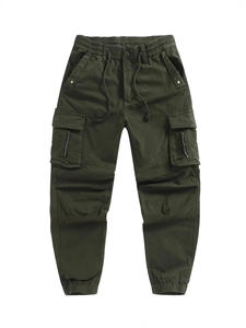 Olive green cargo jogger pants for men featuring multiple pockets and elastic drawstring waist