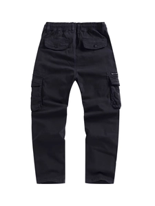 Men's black multi-pocket cargo pants with washed finish and elastic waist in flat back view