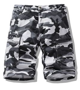 Detailed close-up of men's camouflage cargo shorts with large zippered utility pockets