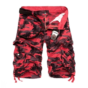 Men's loose cargo shorts with red camouflage pattern and brown canvas belt on white background