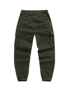 Men's dark green cargo jogger pants with elastic waist and side flap pockets on white background