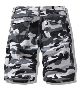 Detailed back view of men's camo cargo shorts showing functional flap pockets and texture