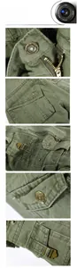 Detailed views of army green cargo pants featuring vintage buttons and metal zippers