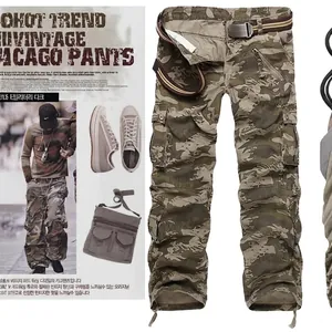 Pantaloni cargo mimetici da uomo con tasche multiple e polsini con coulisse verde militare
