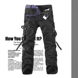 Men's loose multi-pocket cargo pants in black with a purple lining canvas belt