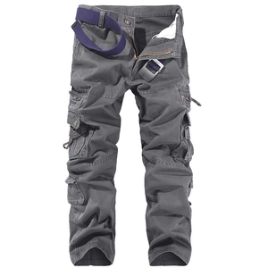 Men's dark grey cargo pants with multi-pockets and woven belt on white background