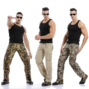 Men's multi-pocket cargo pants in woodland camouflage, khaki, and digital camo patterns
