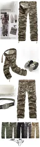 Multi-angle view of vintage cargo pants with multiple pockets and woven belt details