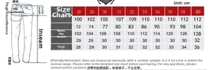 Detailed size chart for men camouflage cargo pants with length and waist measurements