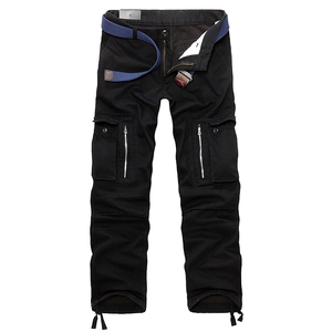Pantaloni cargo neri foderati in pile da uomo con multitasche e cintura tattica blu