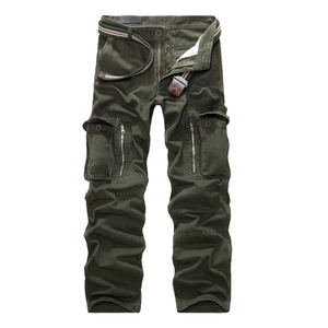 Army green cargo pants for men with multi-pockets and striped canvas belt set
