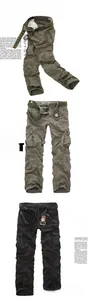 Detail view of cotton cargo pants featuring multiple flap pockets in army green and black