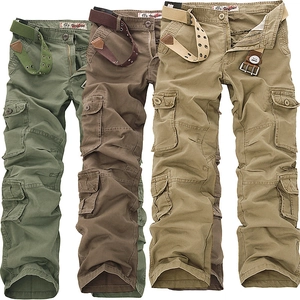 Pantalon Cargo Homme en Coton à Poches Multiples Avec Ceinture en Toile Coupe Droite Pantalon de Travail Décontracté