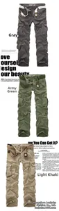 Flat lay of multi-pocket cargo pants in grey, army green, and khaki with belts