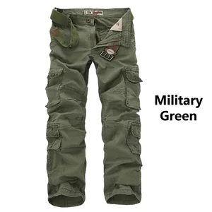 Pantalon cargo grande taille vert armée pour hommes avec poches multiples et ceinture en toile