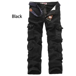 Pantalon cargo noir pour hommes avec poches multiples, sergé de coton et ceinture tactique