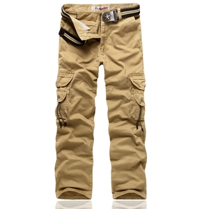 Men's loose multi-pocket khaki cargo pants with woven star buckle belt in flat lay view