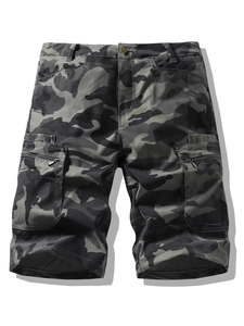 Mens camouflage cargo shorts in dark grey and olive green with large zipper pockets