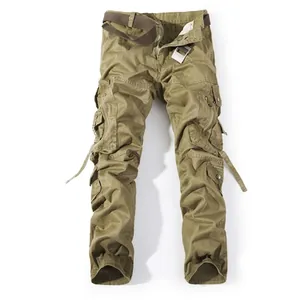 Loose fit multi-pocket cargo pants in khaki with brown canvas belt for men