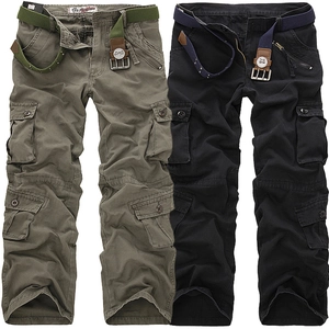 Men's washed cotton cargo pants in army green and black with multiple pockets and belt