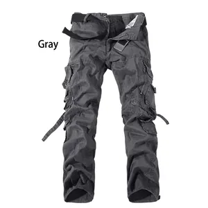 Men's loose multi-pocket cargo pants in grey cotton fabric with a black canvas belt