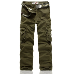 Detail view of olive green cargo pants with large flap pockets and a striped fabric belt