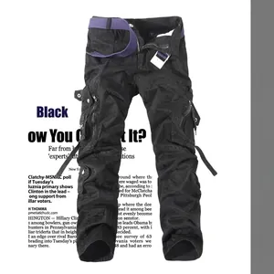 Men's black multi-pocket cargo pants with a contrast purple belt and tactical straps