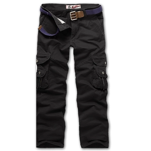 Men's loose black multi-pocket cargo pants with a purple canvas belt for outdoor wear