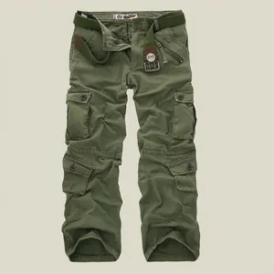 Army green cargo pants for men featuring multiple pockets and a matching woven belt