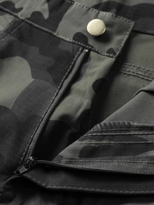 Men's dark camo cargo shorts with durable zipper fly and metal button detail