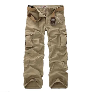 Men's Cotton Cargo Pants Retro Multi-Pocket Camouflage Tactical Trousers Straight Leg Casual Work Pants With Belt