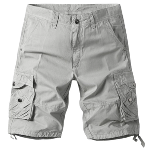 Men's light grey multi-pocket cargo shorts with durable twill and drawstring hem