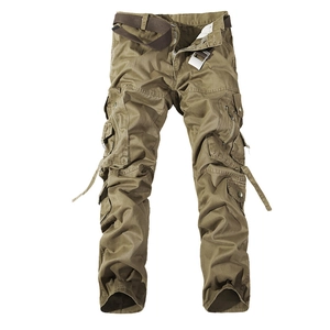 Khaki multi-pocket cargo pants with brown canvas belt in a relaxed straight-leg fit