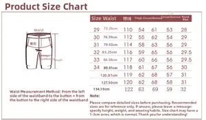 Detailed size chart for men's cargo shorts showing waist and hip measurements in cm