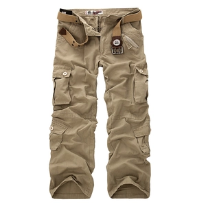 Men Casual Cotton Blend Multi Pocket Cargo Pants With Belt Straight Leg Workwear Trousers Military Style Pants For Men