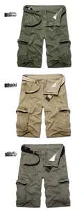 Three colors of men's cargo shorts with belt in army green, khaki and gray-green