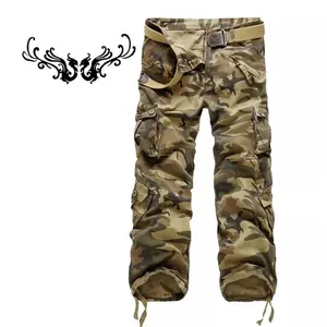 Men's loose fit camouflage cargo pants with multi-pockets and a woven belt