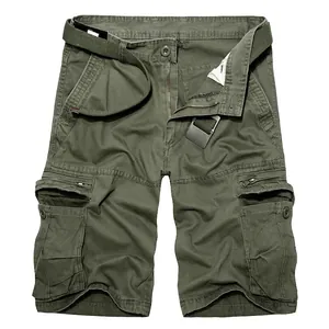 Army green men's cargo shorts with multi-pocket system and matching woven belt