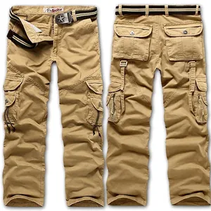 Men's Multi Pocket Cargo Pants Casual Outdoor Work Trousers Solid Color Straight Leg Cotton Blend Pants With Belt